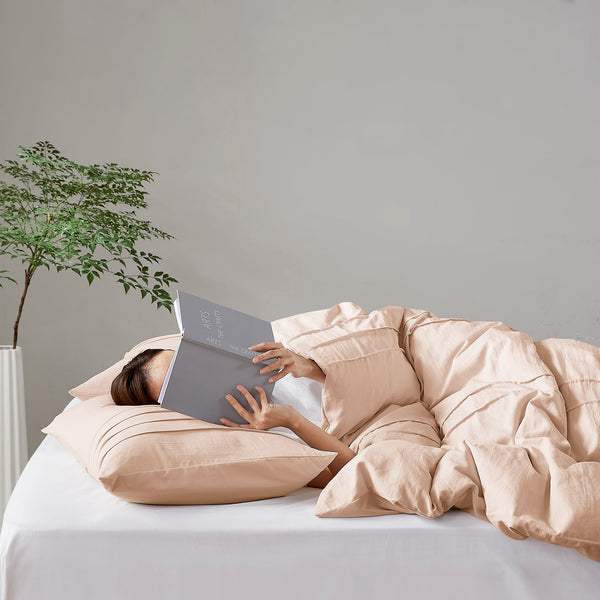 JLA Home Comfort Spaces - Soft Washed Pinch-Pleat Comforter Set with Subtle Grid Texture, Year-Round Breathable Microfiber Luxury Blush AM10-0463