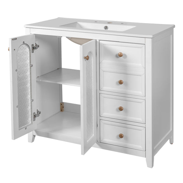 English Elm 36.02-inch white bathroom vanity with ceramic basin, gold round handles, soft-close doors & drawers N729P184710K