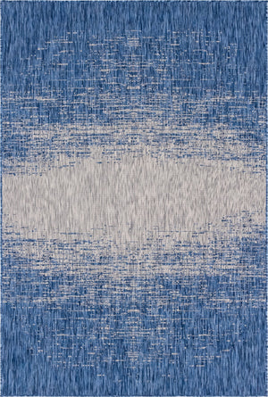 Unique Loom Outdoor Modern Ombre Machine Made Abstract Rug Blue, Ivory 6' 1" x 9' 0"
