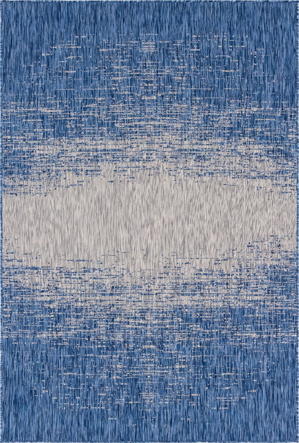 Unique Loom Outdoor Modern Ombre Machine Made Abstract Rug Blue, Ivory 6' 1" x 9' 0"