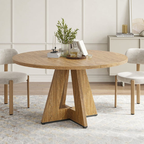 English Elm 47" Round Wood Dining Table Seats Six with Industrial Metal Base for Modern Homes Walnut T3623P433915