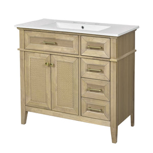 English Elm 36" Light Oak Bathroom Vanity with Ceramic Sink, Rattan Accents, Soft-Close Doors & Spacious Drawers N729P208125O