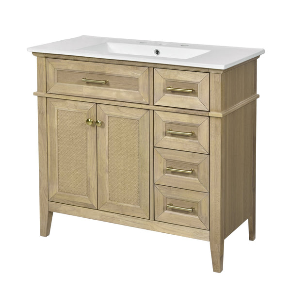English Elm 36" Light Oak Bathroom Vanity with Ceramic Sink, Rattan Accents, Soft-Close Doors & Spacious Drawers N729P208125O