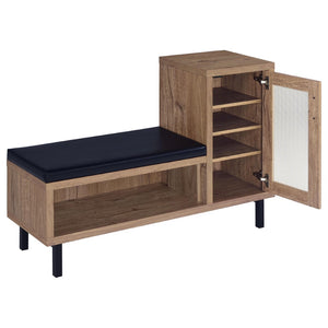 English Elm Stagg Oak Finish Entryway Bench with Cane Door Panel and Four Tier Shoe Storage B062P451791
