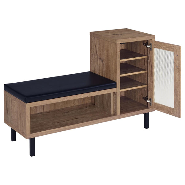 English Elm Stagg Oak Finish Entryway Bench with Cane Door Panel and Four Tier Shoe Storage B062P451791