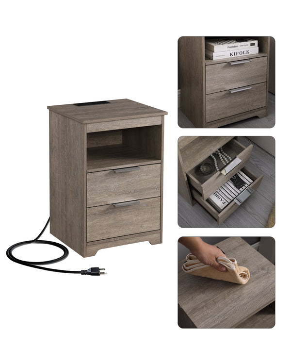 English Elm Nightstand with Drawer | 3-Tier Modern Bedside Table with Hidden Drawer, Open Shelves, Sturdy Build Gray 25.9 L x 16.7 W x 5.5 H W3151P345816
