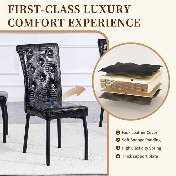 English Elm A Set of 2 Crystal Button Faux Leather Dining Chairs with Embossed Croc Texture Black W3226P344029