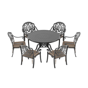 English Elm 7-Piece Cast Aluminum Patio Furniture Set With Brown Cushions For Stylish Outdoor Dining & Comfort W1710S00484