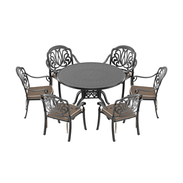 English Elm 7-Piece Cast Aluminum Patio Furniture Set With Brown Cushions For Stylish Outdoor Dining & Comfort W1710S00484