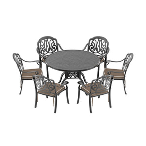 English Elm 7-piece Cast Aluminum Outdoor Dining Set Ornate Carved Patio Furniture with Cushions W1710S00559