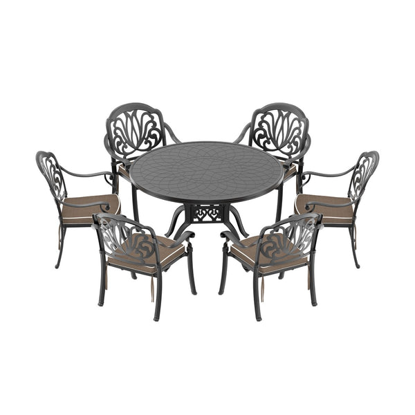 English Elm 7-piece Cast Aluminum Outdoor Dining Set Ornate Carved Patio Furniture with Cushions W1710S00559