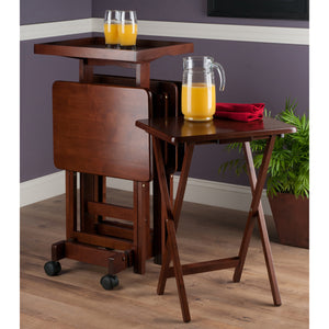 Winsome Wood Isabelle 6-piece Walnut Snack Table Set With Rolling Stand & Removable Tray For Easy Entertaining Walnut Solid Wood 94828-winsome-wood