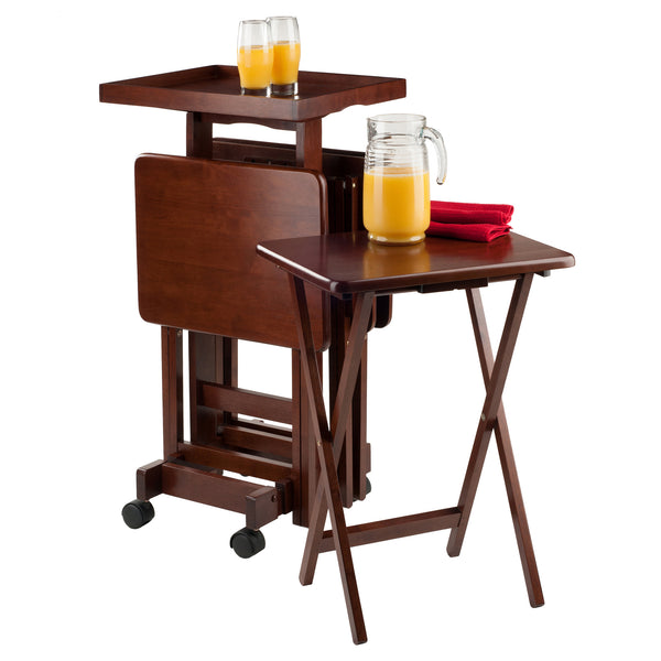 Winsome Wood Isabelle 6-piece Walnut Snack Table Set With Rolling Stand & Removable Tray For Easy Entertaining Walnut Solid Wood 94828-winsome-wood