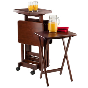 Winsome Wood Isabelle 6-piece Walnut Snack Table Set With Rolling Stand & Removable Tray For Easy Entertaining Walnut Solid Wood 94828-winsome-wood