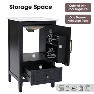 English Elm 20" Bathroom Vanity with Sink and Ceramic Top, Modern Freestanding Cabinet with Drawer & Shelf Storage, Adjustable Feet for Stability and 200lb Capacity Black N725P192821B