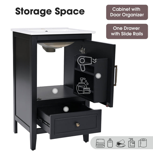 English Elm 20" Bathroom Vanity with Sink and Ceramic Top, Modern Freestanding Cabinet with Drawer & Shelf Storage, Adjustable Feet for Stability and 200lb Capacity Black N725P192821B