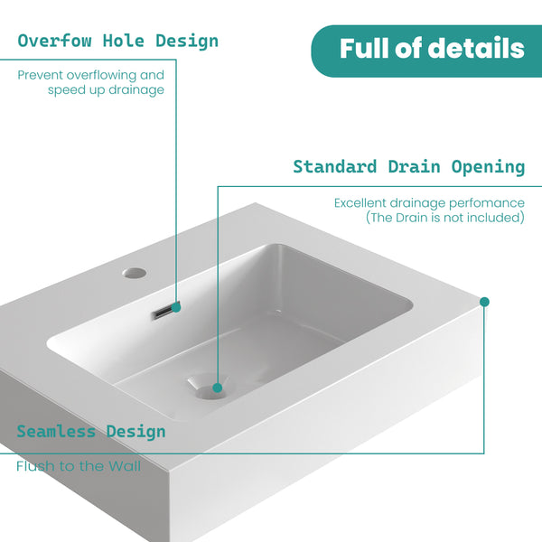 English Elm BB02-24-101, Glossy Integrated Solid Surface Basin with Overflow — Sleek Contemporary Design for Luxe Bathrooms White W1865107108
