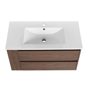 English Elm 36" Wall Mount Bathroom Vanity With High-Quality Ceramic Sink & Soft-Close Drawers For Storage W999S00143