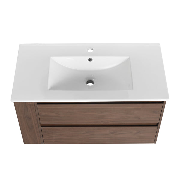English Elm 36" Wall Mount Bathroom Vanity With High-Quality Ceramic Sink & Soft-Close Drawers For Storage W999S00143
