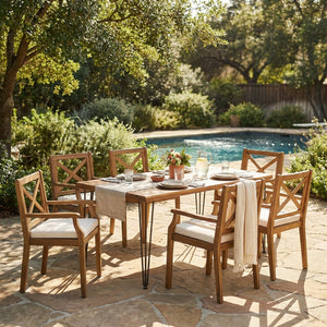 English Elm 7 Piece Acacia Wood Outdoor Dining Set Teak Finish Iron Hairpin Legs Cushioned N762S000044AAK