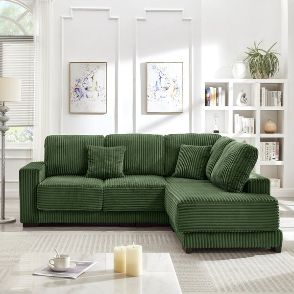 English Elm 93" Sectional Sofa L-Shaped Upholstered Corduroy 3-Seater with Reversible Chaise, Solid Wood Frame, Plush Coil-Foam Cushions Green W1097S00224