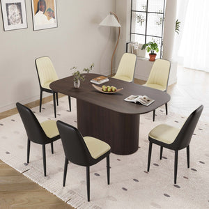 English Elm 63 Inch Mdf Dining Table Set with Six Pu Upholstered Chairs and Black Metal Legs Beige+Brown,Black W2189S00865
