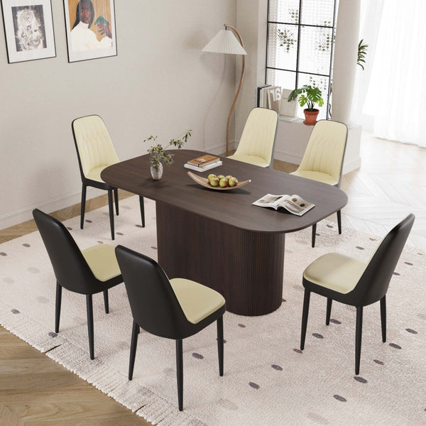 English Elm 63 Inch Mdf Dining Table Set with Six Pu Upholstered Chairs and Black Metal Legs Beige+Brown,Black W2189S00865