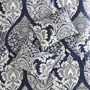 English Elm 7 Piece Cotton Printed Comforter Set - Elegant Indigo Damask Design For Luxurious Bedroom Style B03596962
