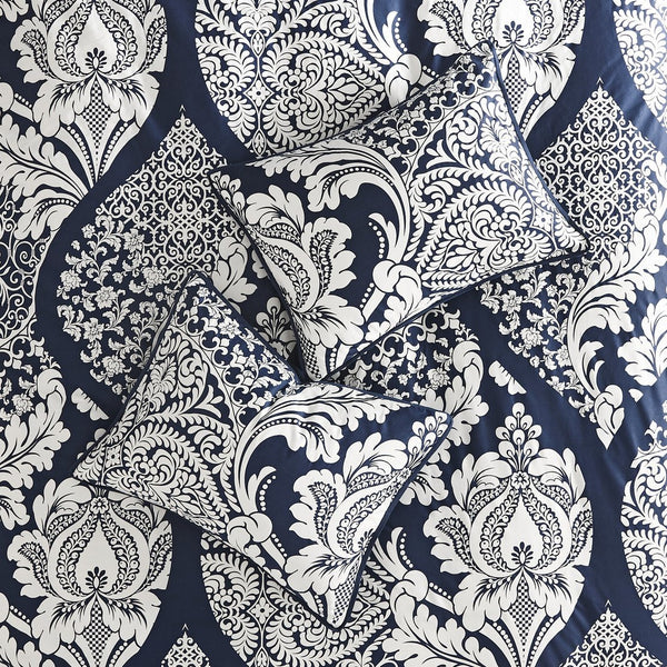 English Elm 7 Piece Cotton Printed Comforter Set - Elegant Indigo Damask Design For Luxurious Bedroom Style B03596962