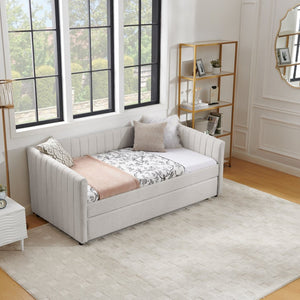 English Elm Twin Size Daybed With Trundle - Elegant Upholstered Sofa Bed In Beige Linen With Stripes, Space-Saving W1413S00090-GIGA