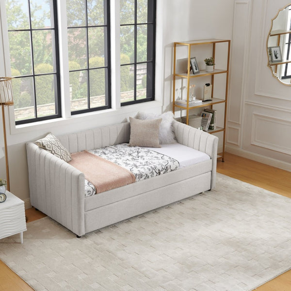 English Elm Twin Size Daybed With Trundle - Elegant Upholstered Sofa Bed In Beige Linen With Stripes, Space-Saving W1413S00090-GIGA