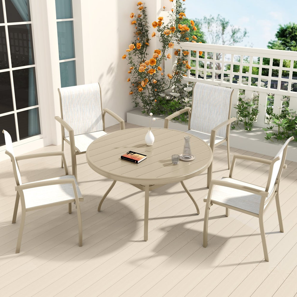 English Elm 5-Piece Patio Dining Set: Stylish Stackable Chairs & Durable 40.6" Round Table For Outdoor Bliss W213S00050