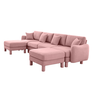 English Elm Boucle Chic U-Shape Sectional Sofa For 4 With Shell Armrests & Movable Ottomans In Stylish Pink W3041S00297