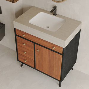 English Elm 29.9" Floating Bathroom Vanity Sintered Stone Top Soft Close Drawers Bronze Gold Hardware W3136S00043