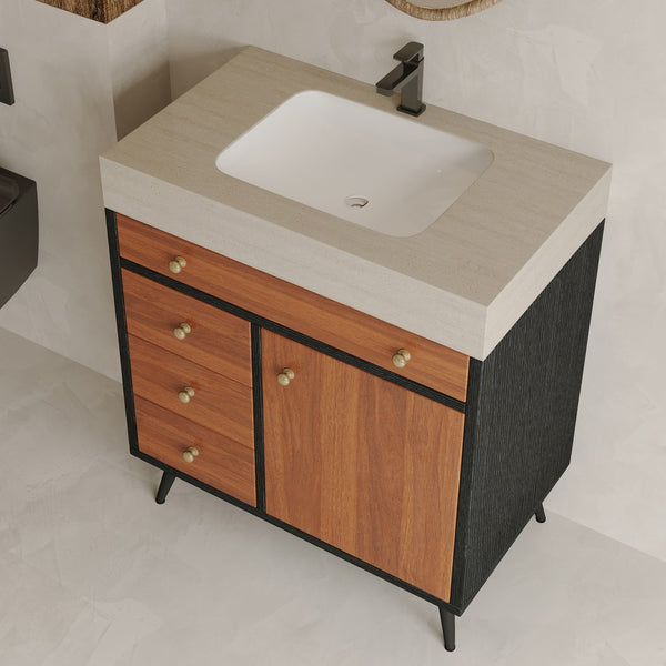 English Elm 29.9" Floating Bathroom Vanity Sintered Stone Top Soft Close Drawers Bronze Gold Hardware W3136S00043