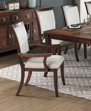 English Elm Formal Cherry Wood Extendable Dining Set with Walnut Inlay High Back Chairs B011S02264
