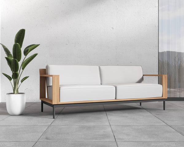 Sunpan Cagliari Sofa - Modern Outdoor Retreat with Durable Teak Wood Frame and Weather-Resistant Cushions Palazzo Cream