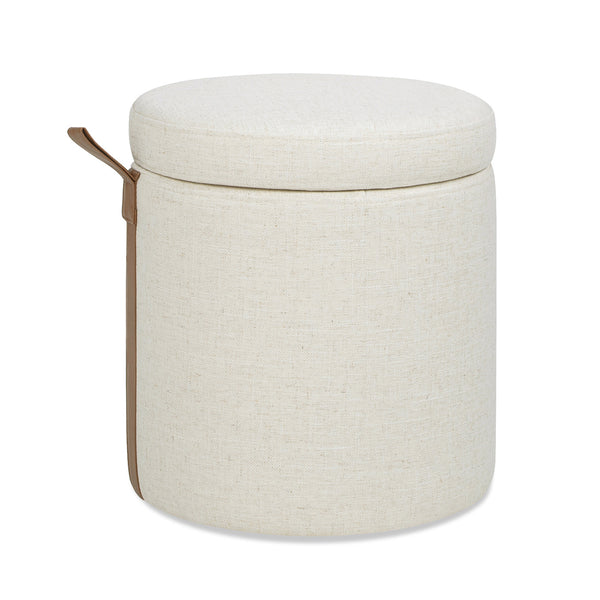 English Elm Jennifer Taylor Home - Brandy Compact 14" Round Upholstered Storage Ottoman with Leather Accent Tab, Linen Neutral Chic White B2719P269255