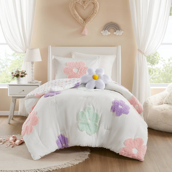 JLA Home Urban Habitat Kids - Floral Reversible Tufted Chenille Comforter Set for Kids — Whimsical Flower Pillow, Hypoallergenic Finish 88 L x 68 W x 1H UHK10-0226