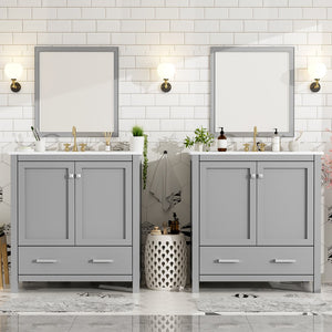 English Elm 60" Grey Bathroom Vanity Set with Double Sinks, Solid Wood, Soft-Close Doors, Divided Drawers & Storage Shelves for Spacious Modern Baths N729P000001E