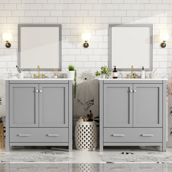 English Elm 60" Grey Bathroom Vanity Set with Double Sinks, Solid Wood, Soft-Close Doors, Divided Drawers & Storage Shelves for Spacious Modern Baths N729P000001E