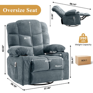 English Elm Oversized Swivel Recliner with Massage Heating Linen Upholstery and Usb Port W1521P411667