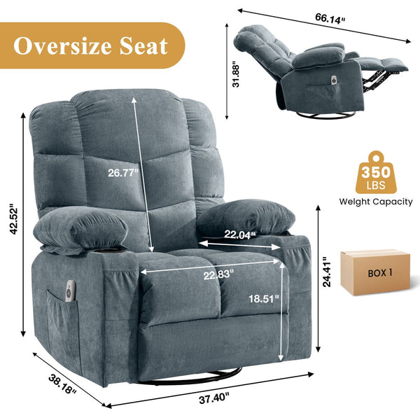 English Elm Oversized Swivel Recliner with Massage Heating Linen Upholstery and Usb Port W1521P411667
