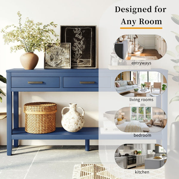 English Elm U_style Farmhouse Console Table with Three Drawers Open Shelf Entryway Organizer Navy Blue N711P410445V