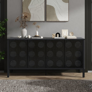 English Elm Stylish Geometric Circle Door Sideboard Cabinet with MDF Solid Wood Legs Adjustable Shelves Black W2696P256250
