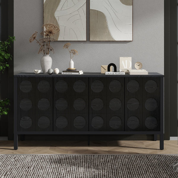 English Elm Stylish Geometric Circle Door Sideboard Cabinet with MDF Solid Wood Legs Adjustable Shelves Black W2696P256250