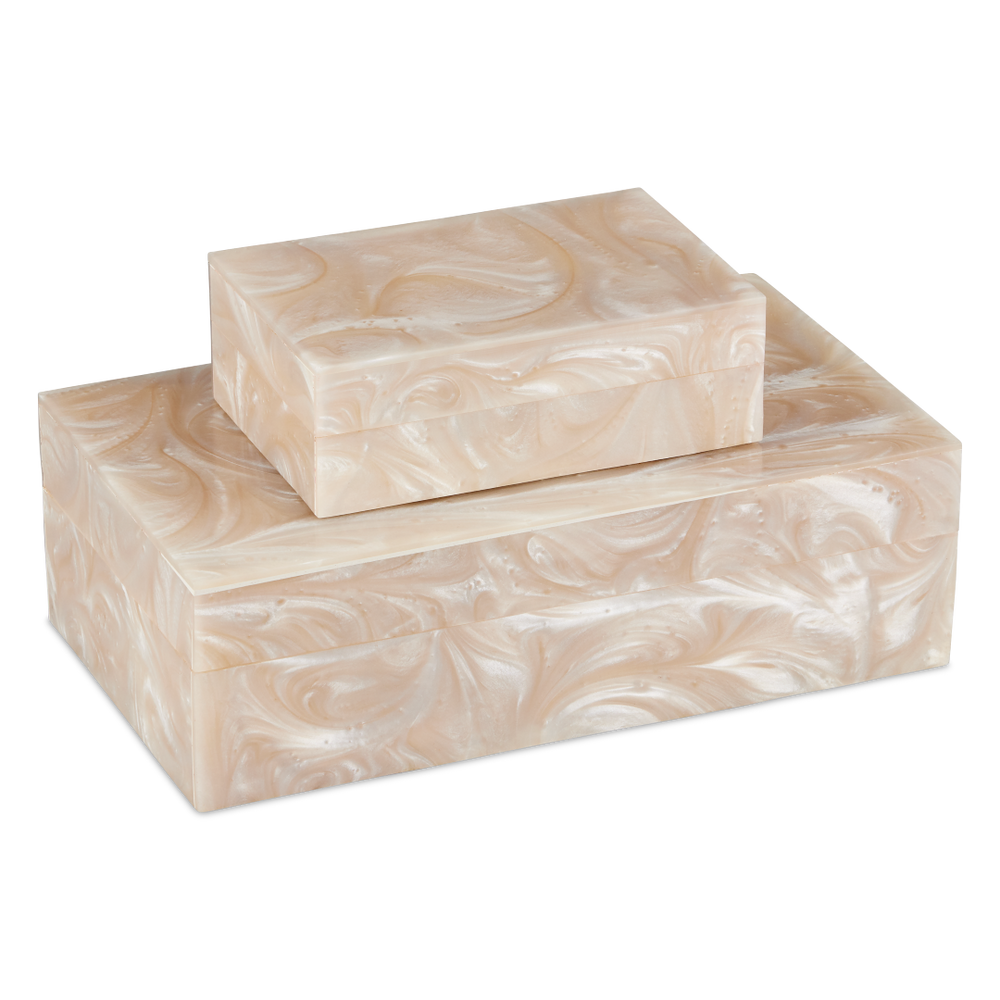 Perlas Swirl Box Set of 2 - Elegant Ivory Composite Storage with Natural Wood Interior, 3" Height