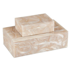 Perlas Swirl Box Set of 2 - Elegant Ivory Composite Storage with Natural Wood Interior, 3" Height