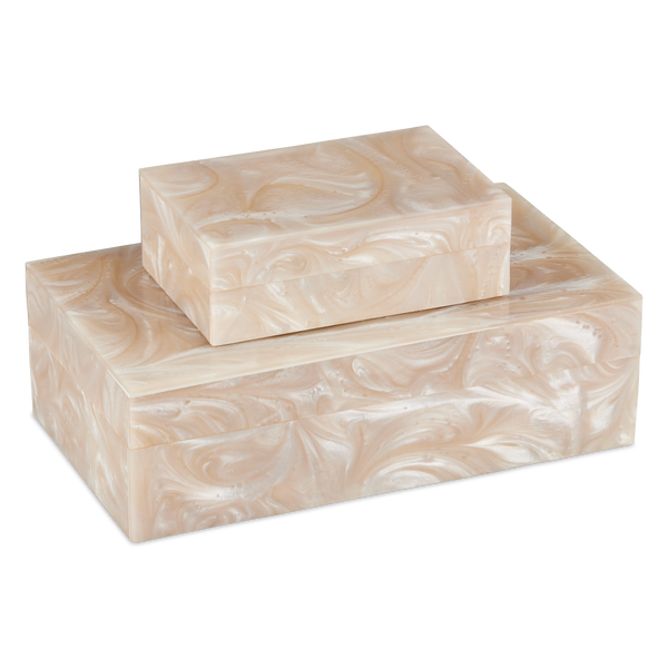 Perlas Swirl Box Set of 2 - Elegant Ivory Composite Storage with Natural Wood Interior, 3" Height