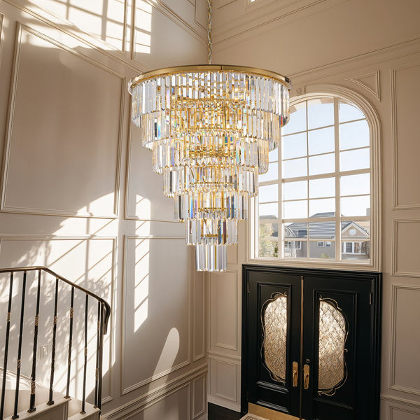 English Elm 40-Inch Gold Tiered Crystal Chandelier, 30-Light E12 with 370 Crystal Rods, Mirror-Polished Frame, LED Kit Included W2869S00023